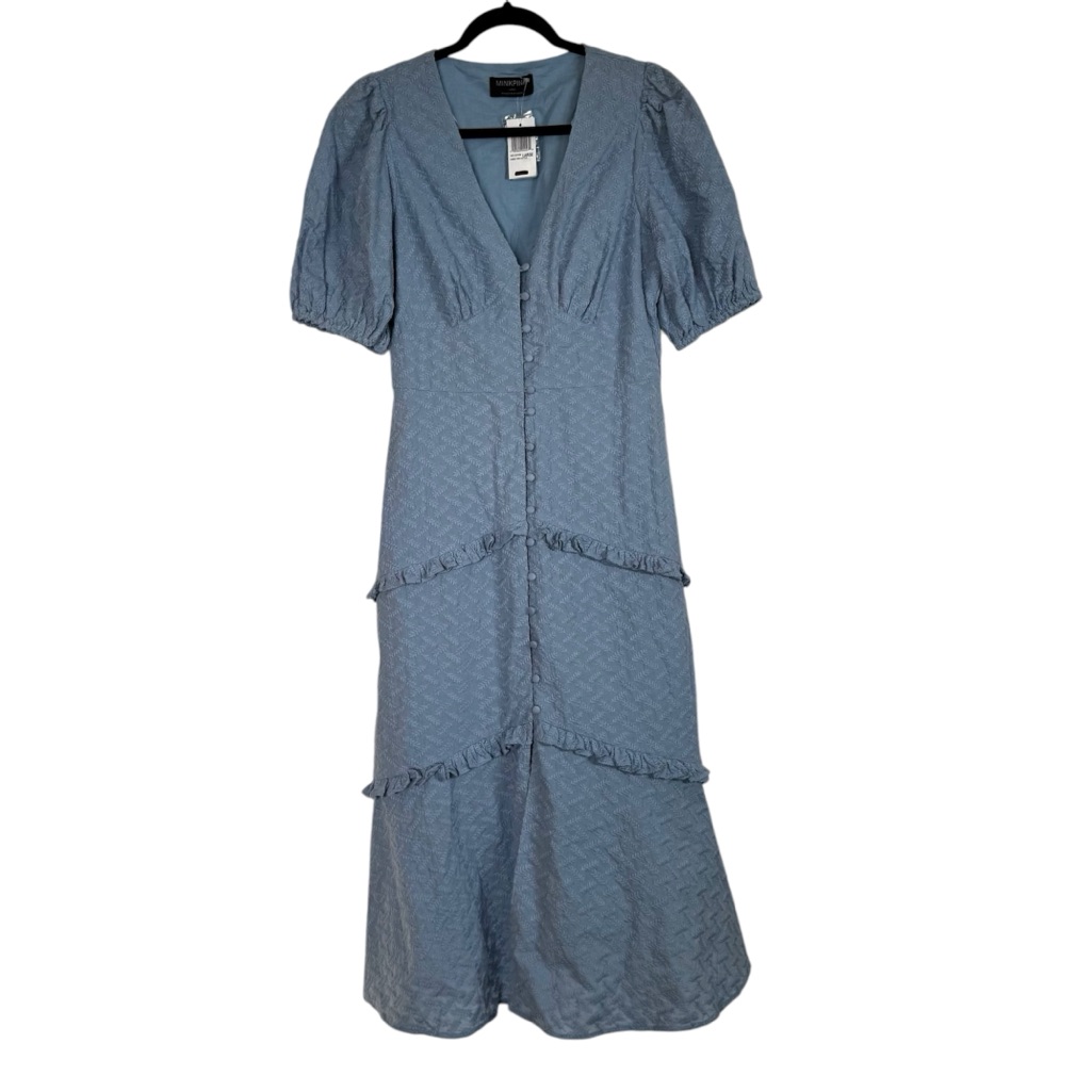 Minkpink Dress Meda Midi Button Front Puff Sleeve New